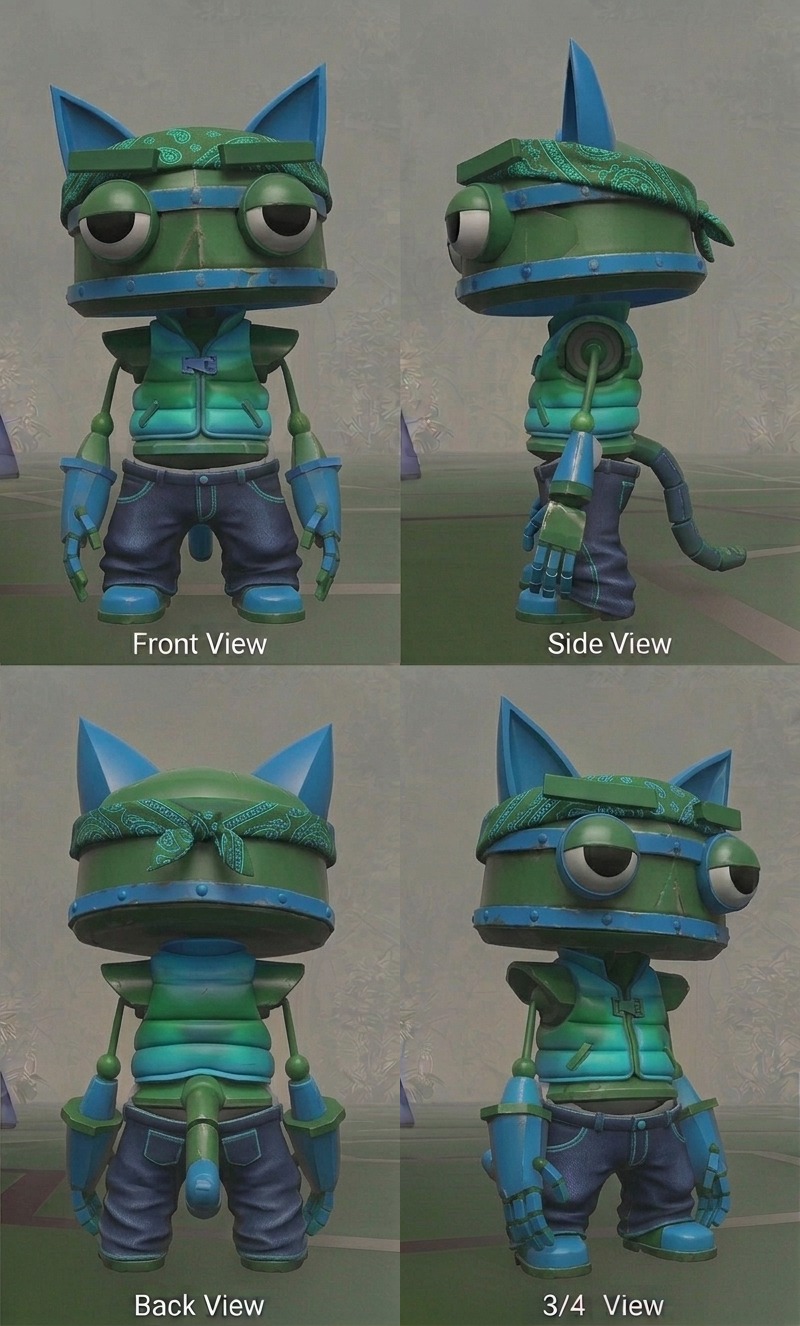 Four-view turnaround sheet — front, side, back and three-quarter — for Cholo, a playable Catbot in Catnip Wars