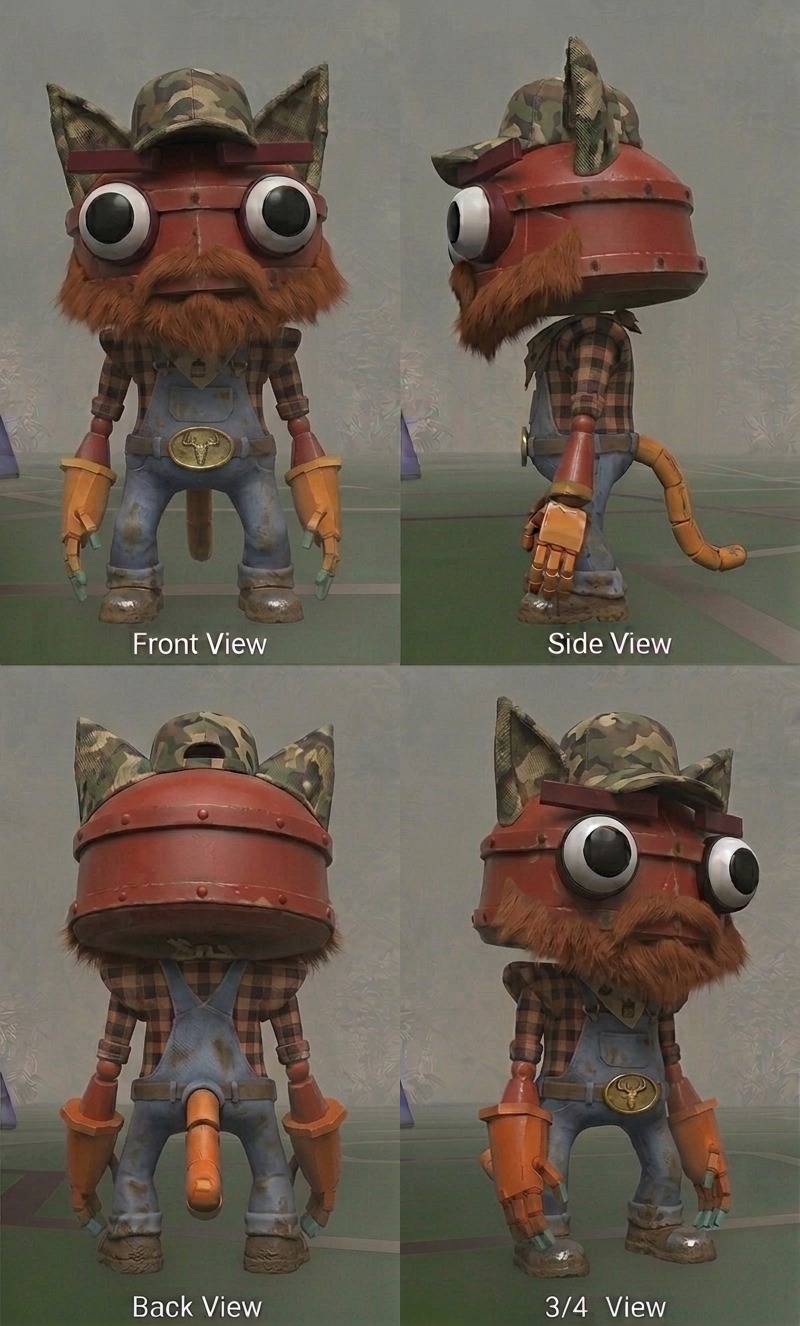 Four-view turnaround sheet — front, side, back and three-quarter — for Ranger, a playable Catbot in Catnip Wars