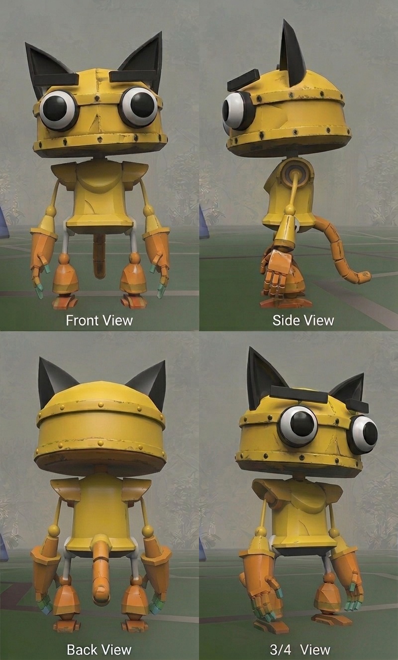 Four-view turnaround sheet — front, side, back and three-quarter — for Rusty, a playable Catbot in Catnip Wars