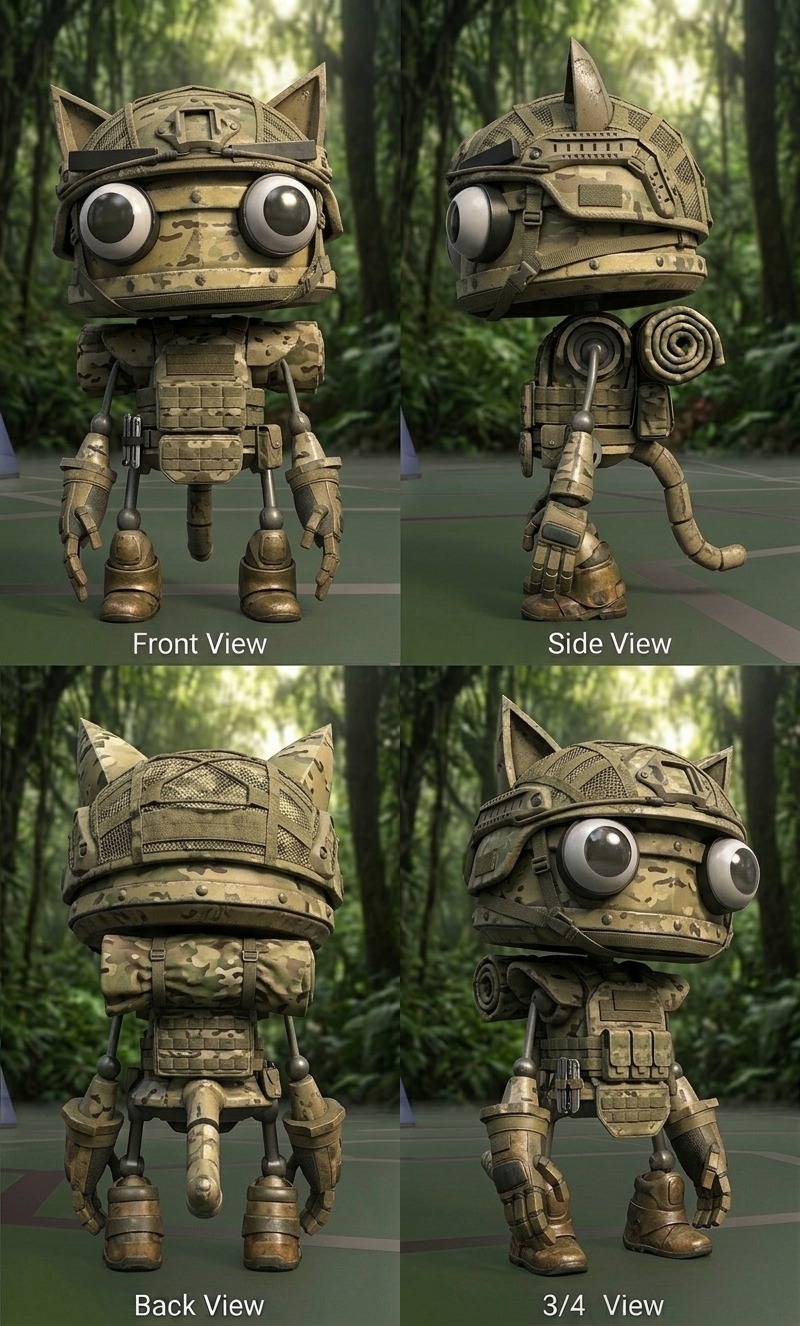 Four-view turnaround sheet — front, side, back and three-quarter — for Scout, a playable Catbot in Catnip Wars